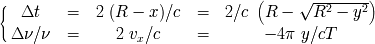 ( ----------) { V~ 2 2 Dt = 2 (R - x)/c = 2/c R - R - y Dn/n = 2 v /c = - 4p y/cT x